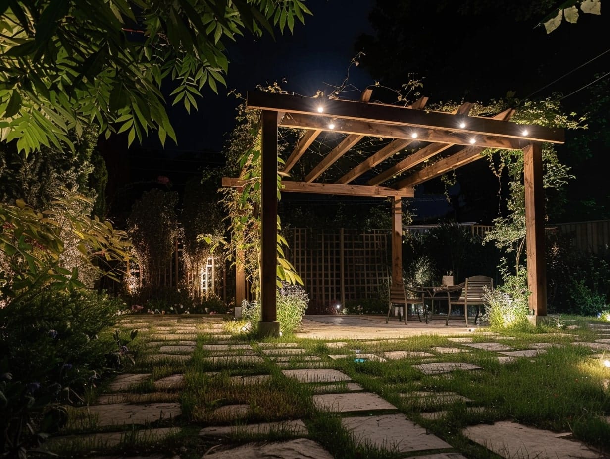 Multiple LED spotlights highlighting the greenery surrounding a pergola