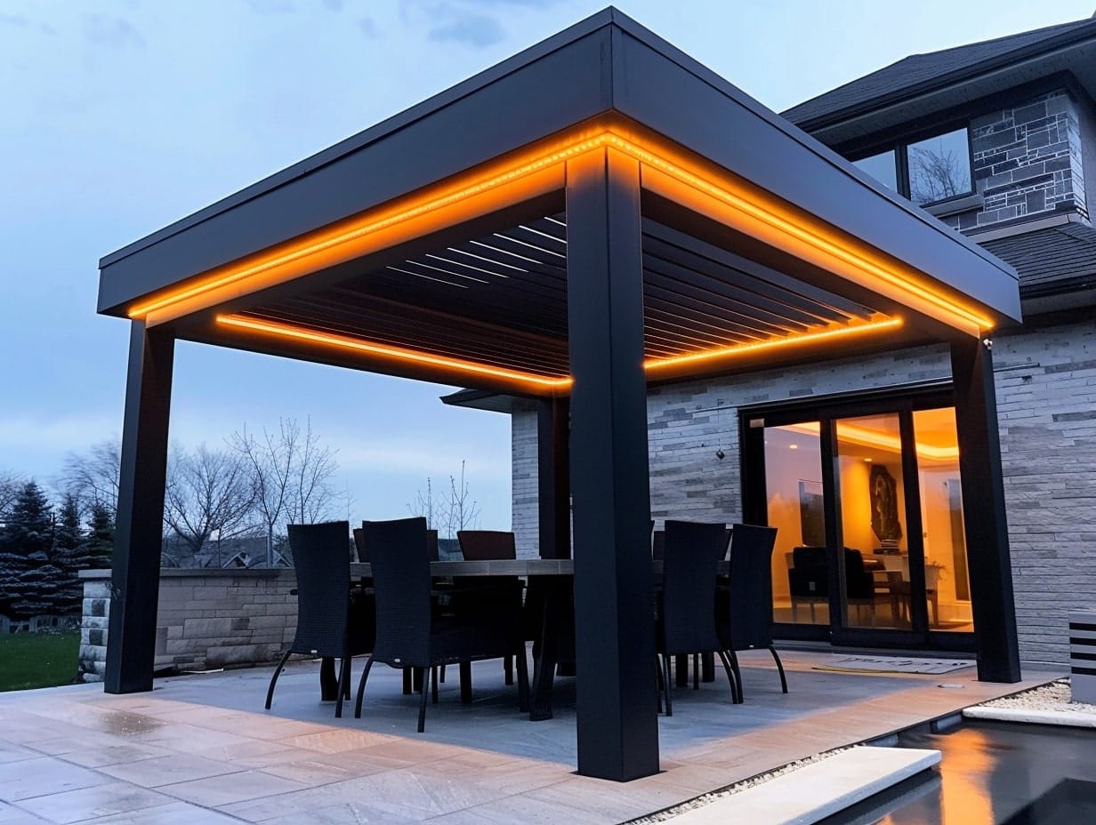 A pergola's edges illuminated with LED strip lights