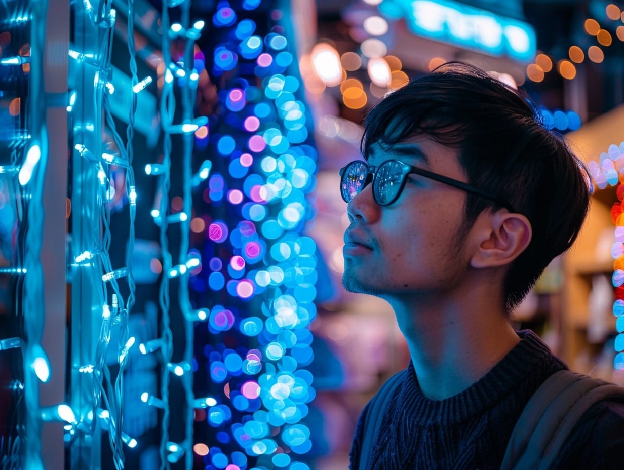 A boy evaluating LED string lights for outdoor lighting