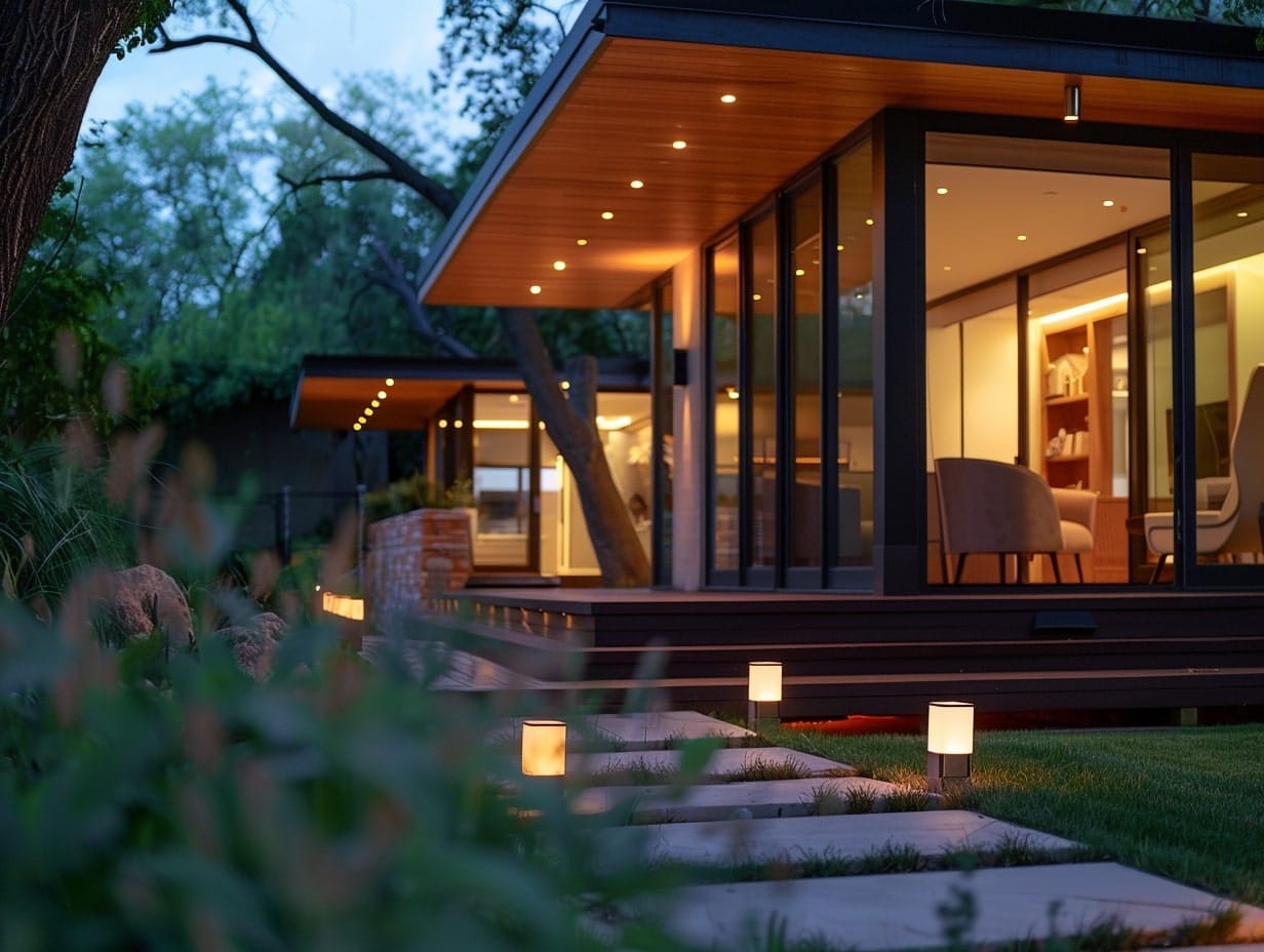 Solar pathway lights installed on either side of the pathway leading to a front porch area