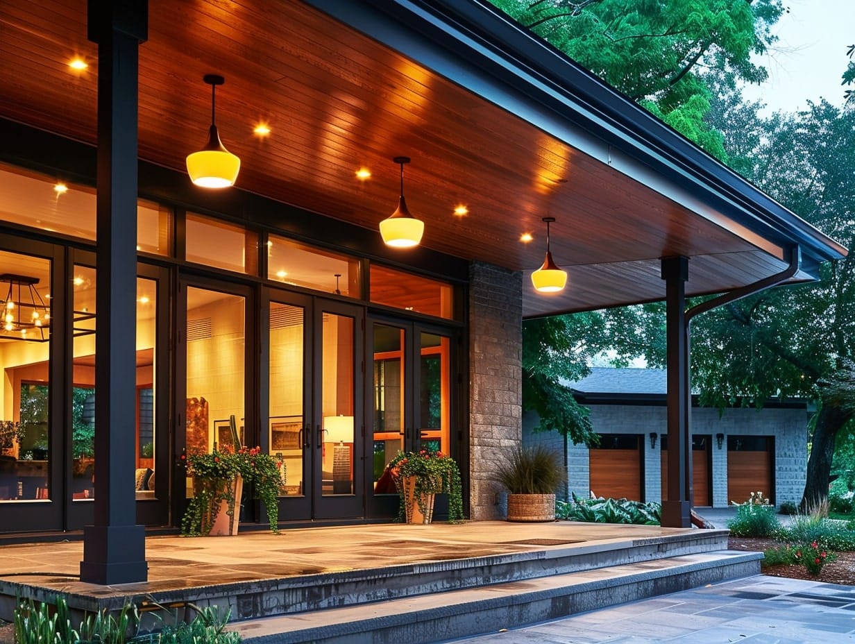 Multiple pendant lights hanging from a front porch ceiling