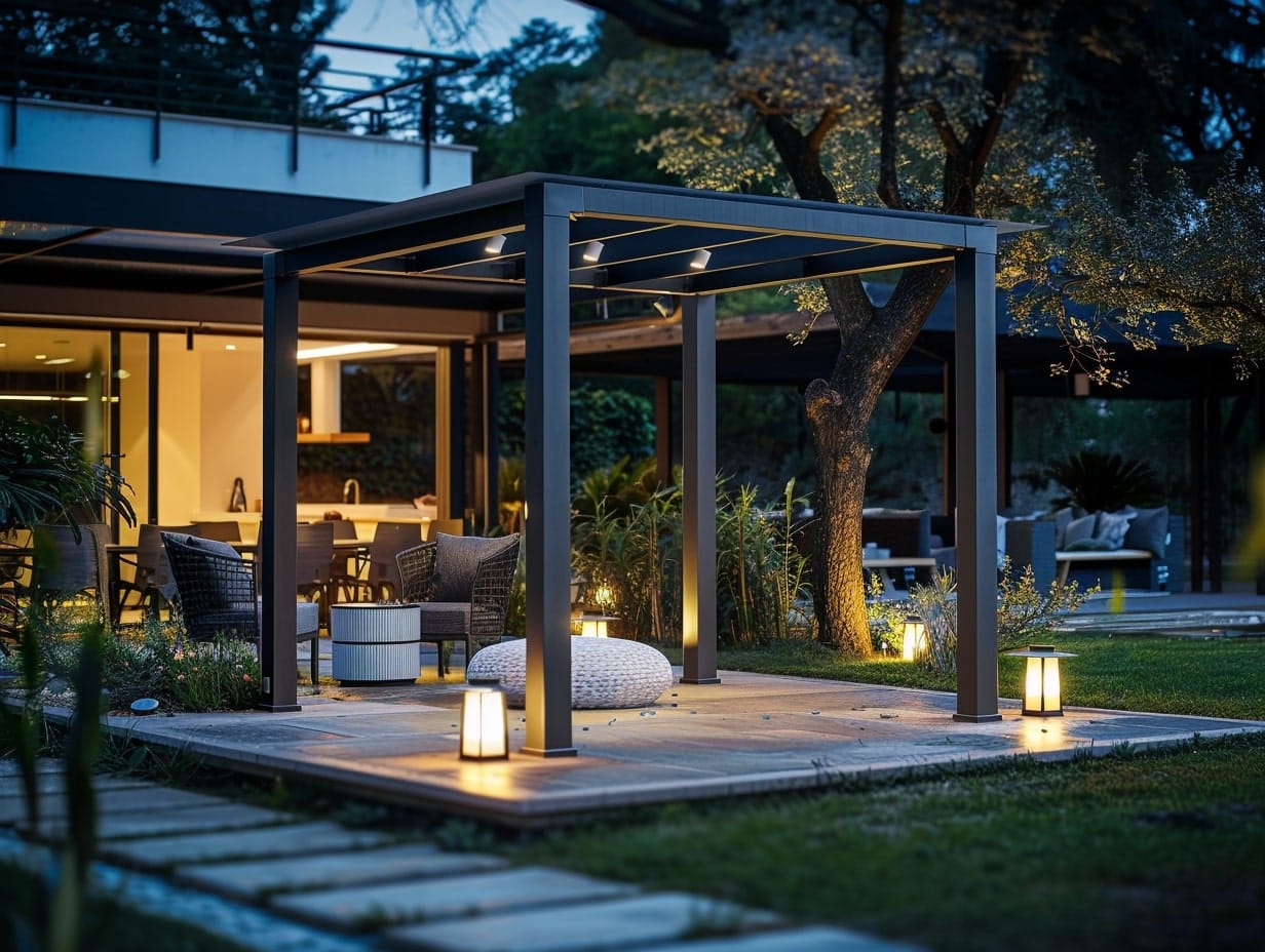 LED floor lamps illuminating a pergola seating area
