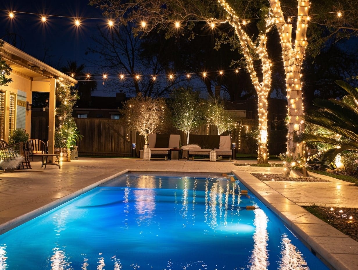 Fairy lights draped on poolside plants and trees