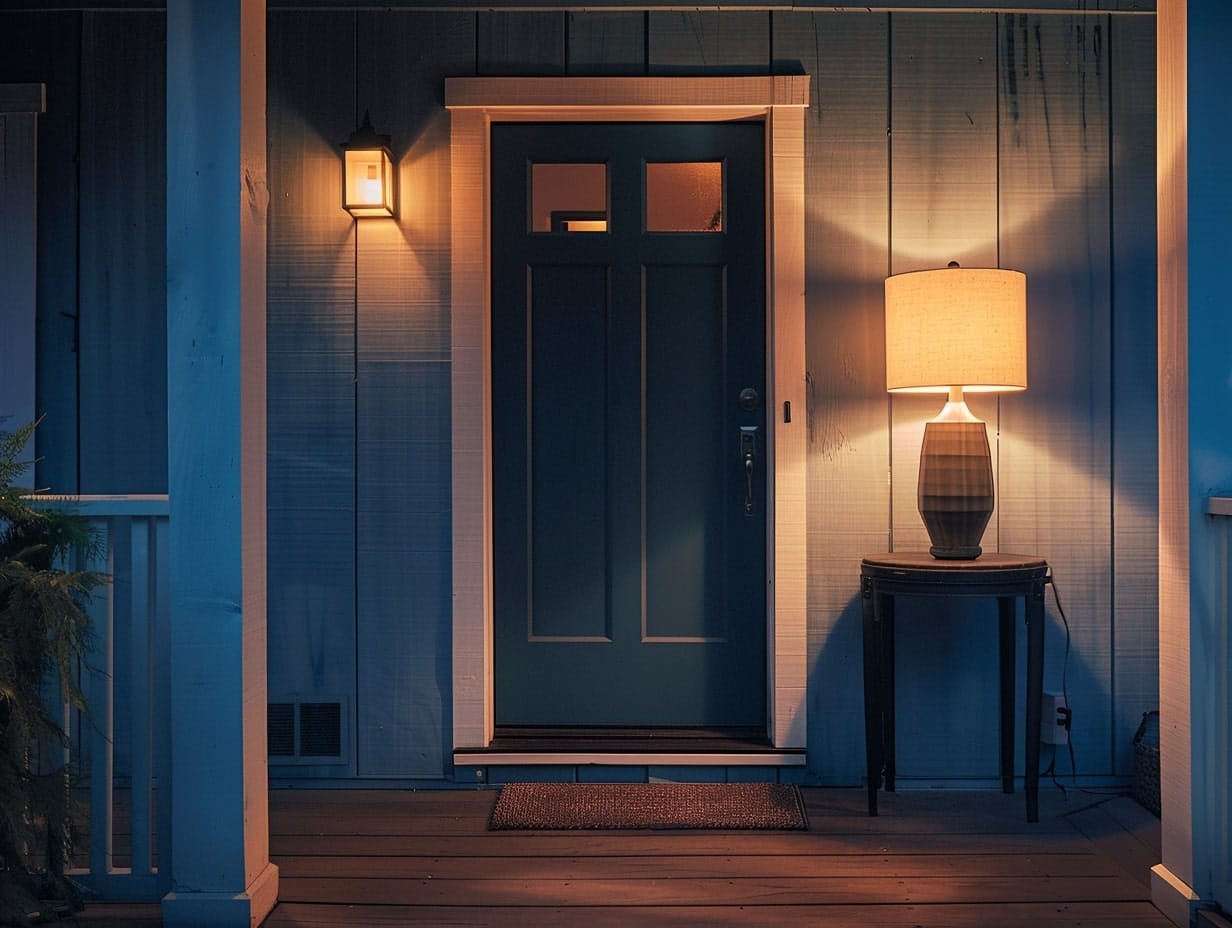 A front porch area lit up with a table lamp