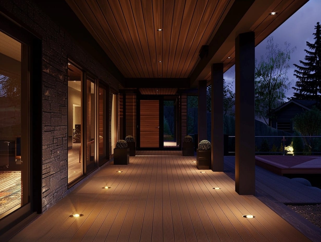 Multiple well lights embedded into a porch floor