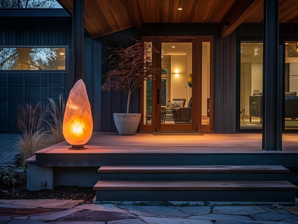 A salt lamp installed on a porch floor