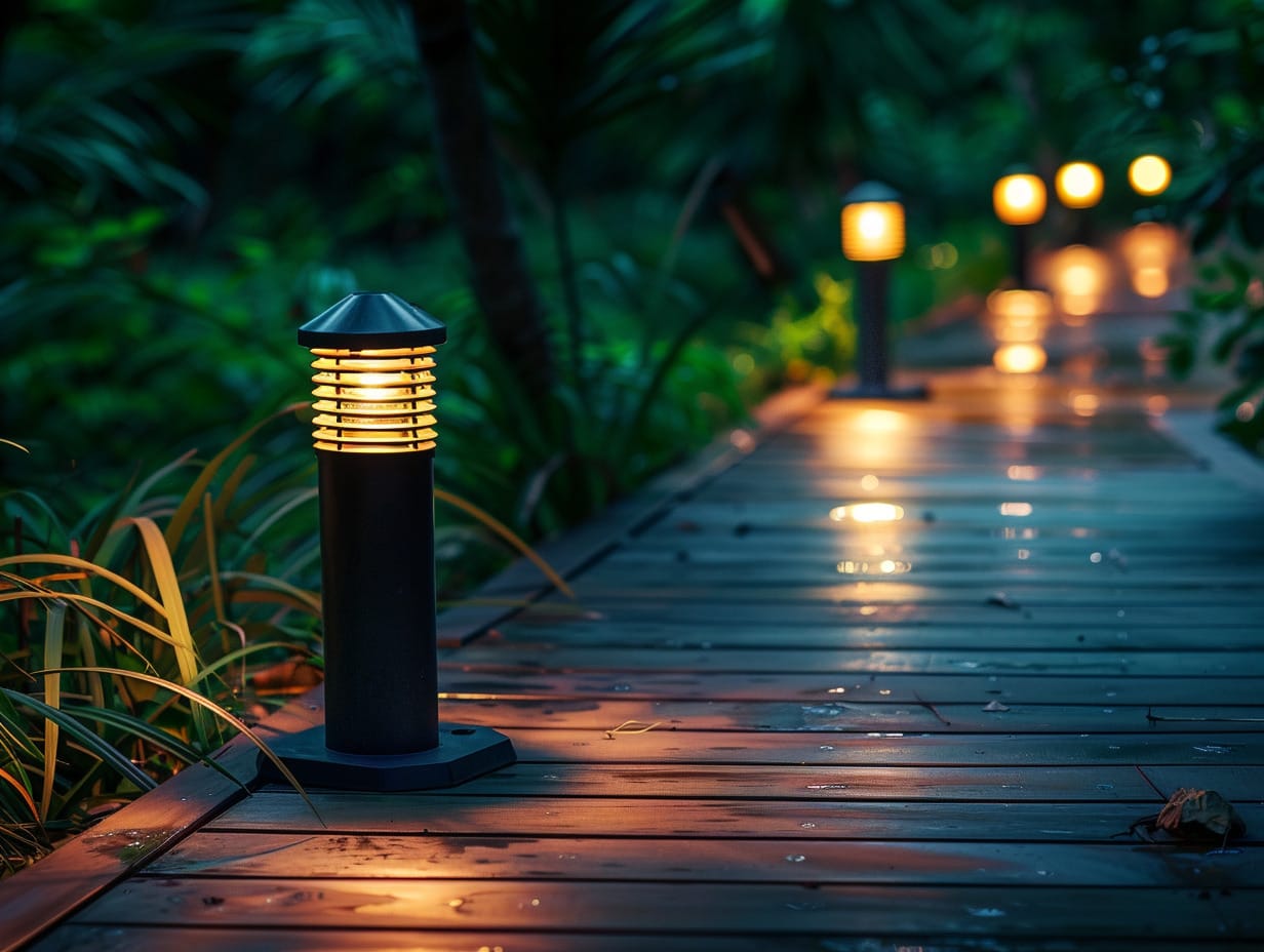 Solar stake installed on a deck walkway