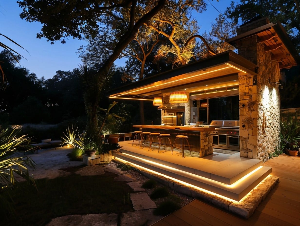 The staircase of an outdoor kitchen illuminated with LED strip lights