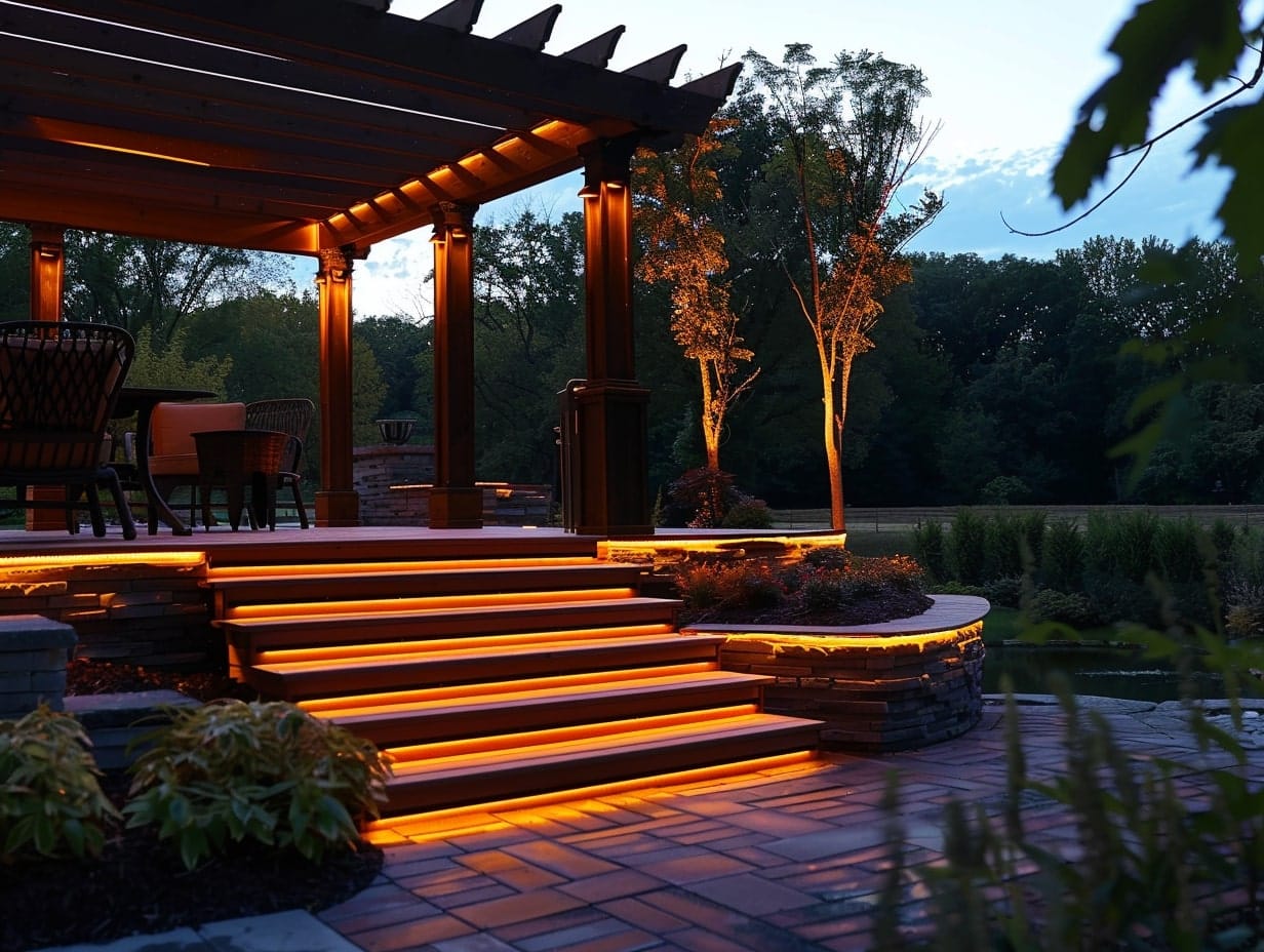 LED step lights illuminating the staircase of an illuminated pergola