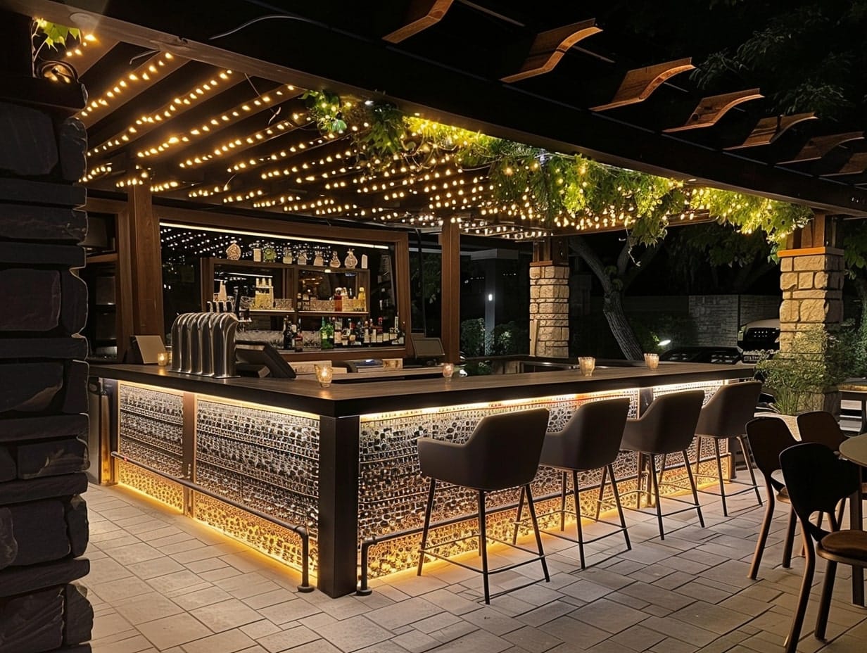Under-counter LED strip lights illuminating a pergola bar area