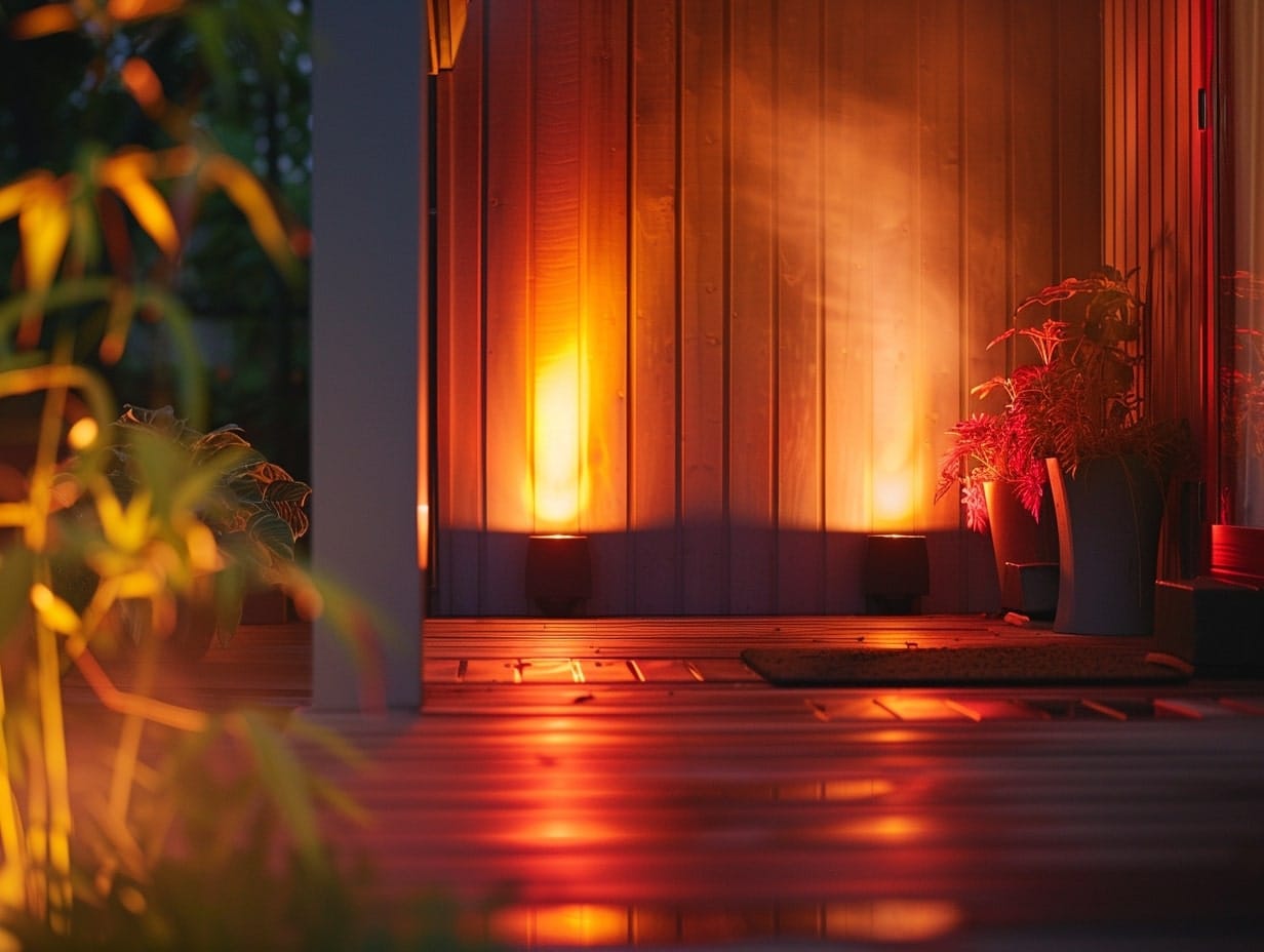 LED spotlights adjusted to create the uplighting effect on the porch wall