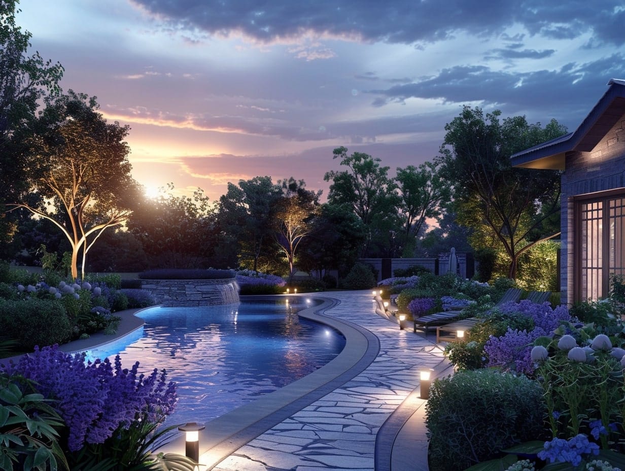 Solar bollard lights illuminating a walkway leading to an outdoor pool