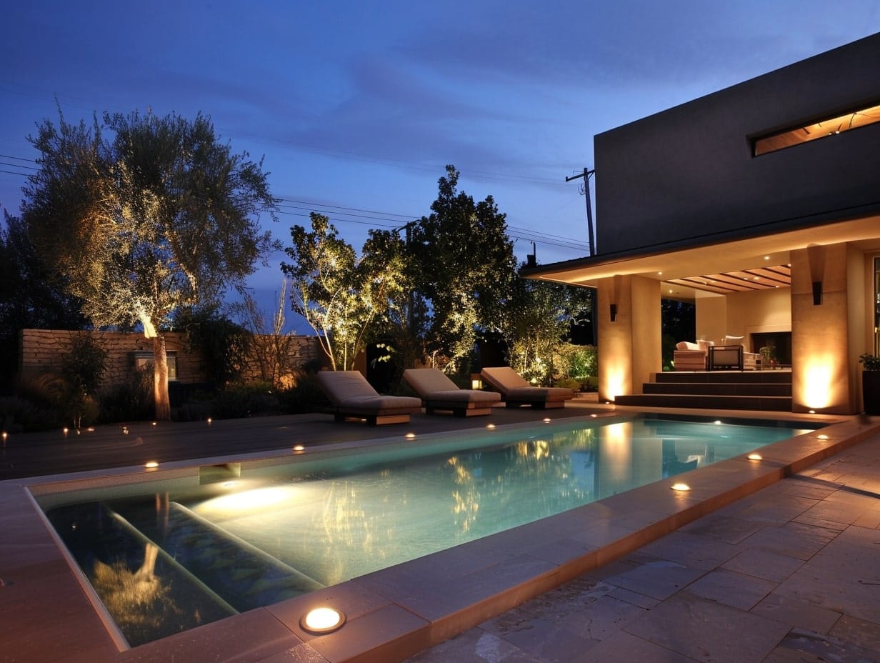 Well lights integrated into an outdoor pool's boundary