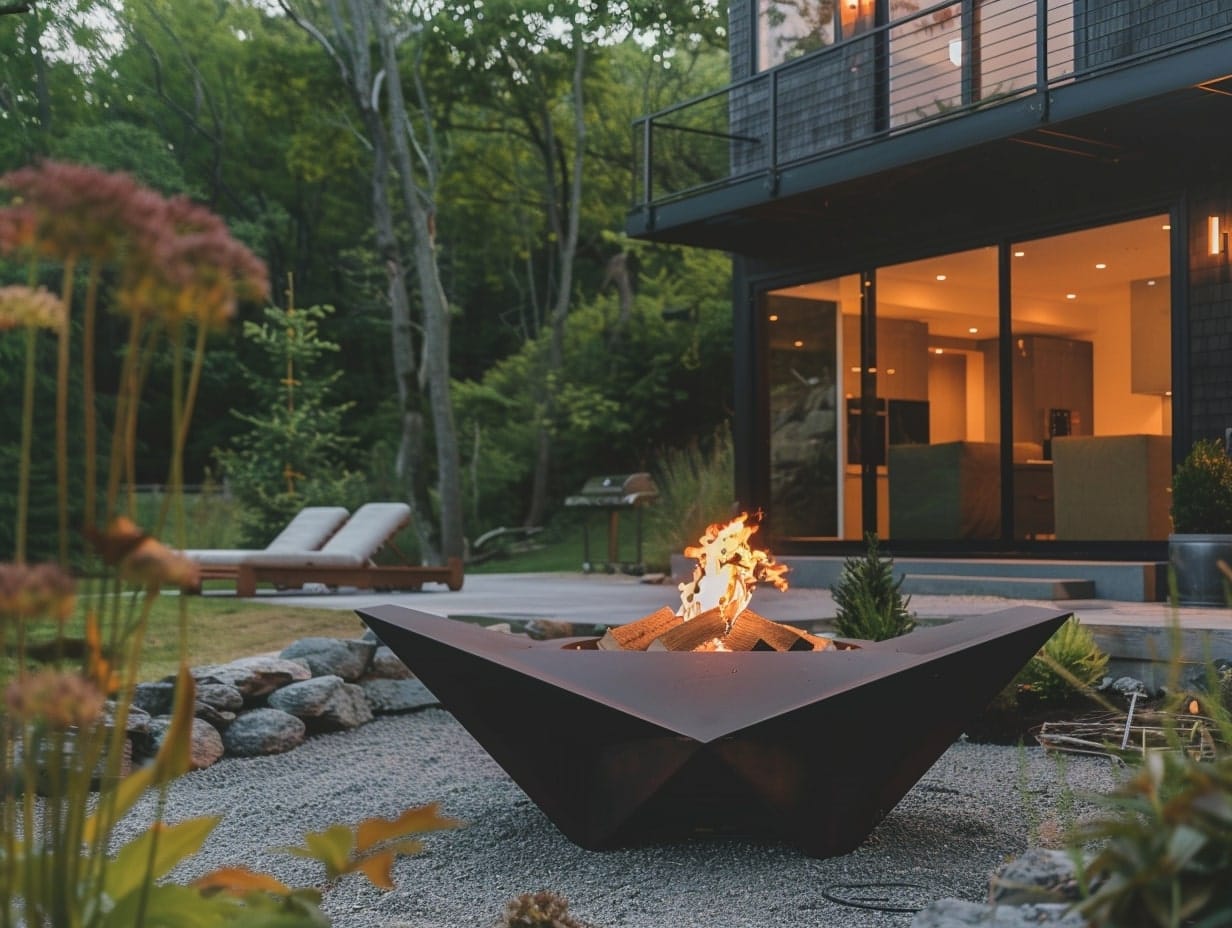 An angular fire pit in a backyard