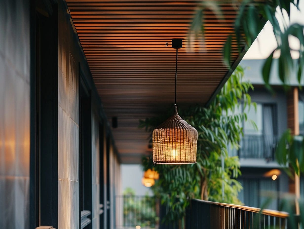 A basket lantern hanging from a balcony ceiling