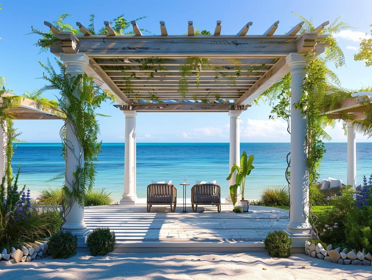 A beautiful beachfront pergola made from white wood