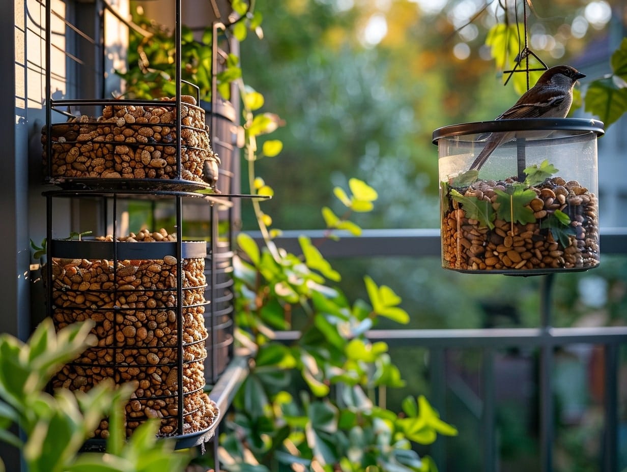 A small balcony with a bird feeder