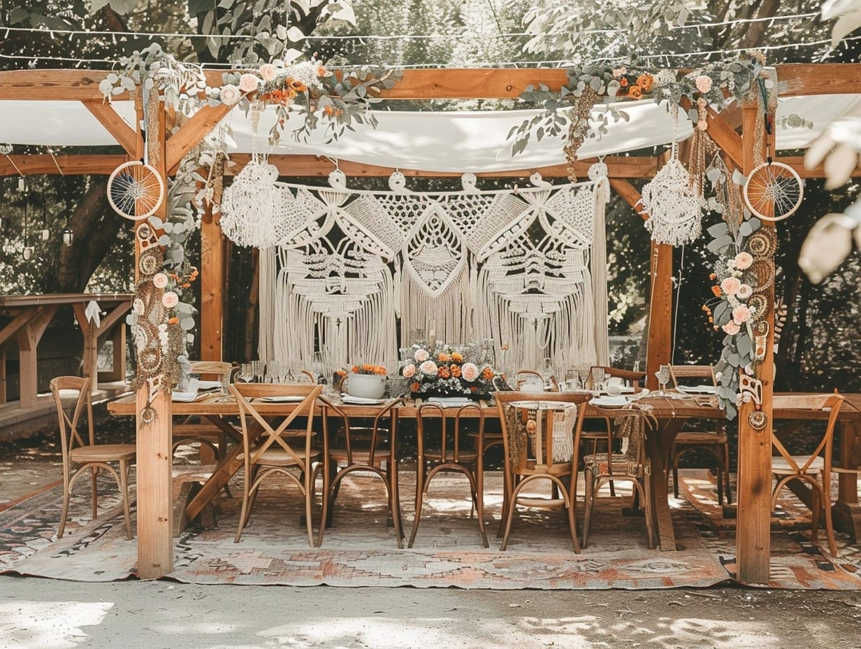 A Bohemian garden wedding setup
