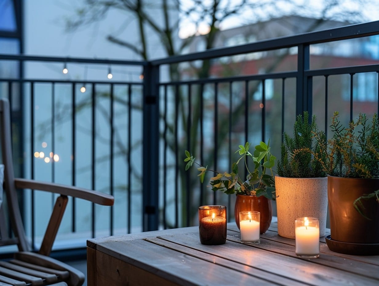 Wax candles illuminating a small balcony