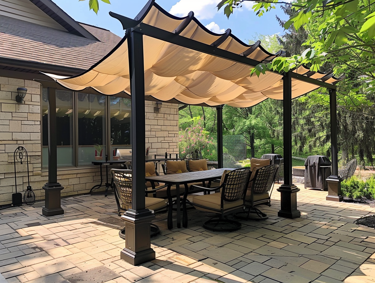 A patio seating area covered with a canvas copy installed using support posts