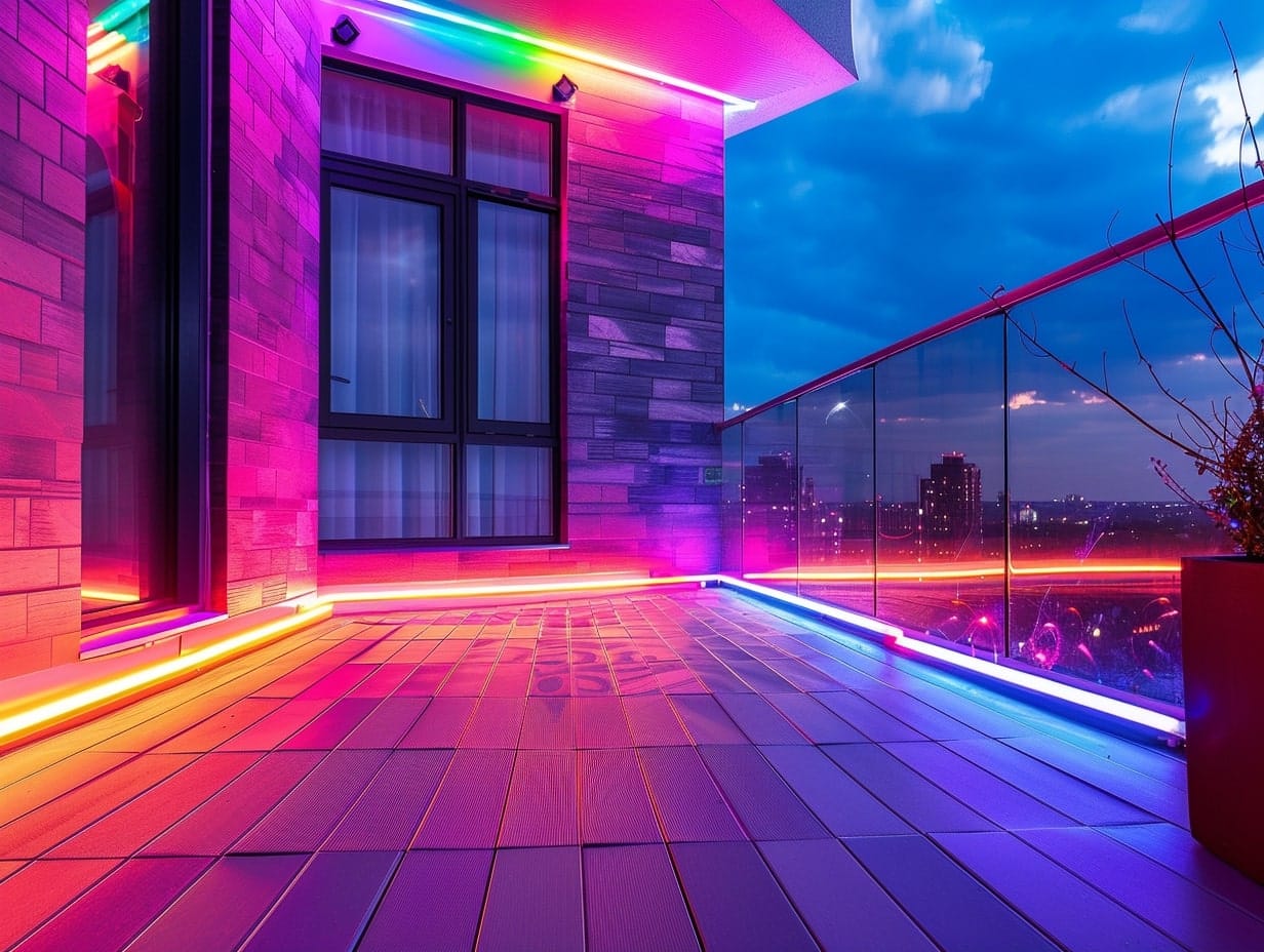 Colorful LED lights illuminating a balcony's floor and walls