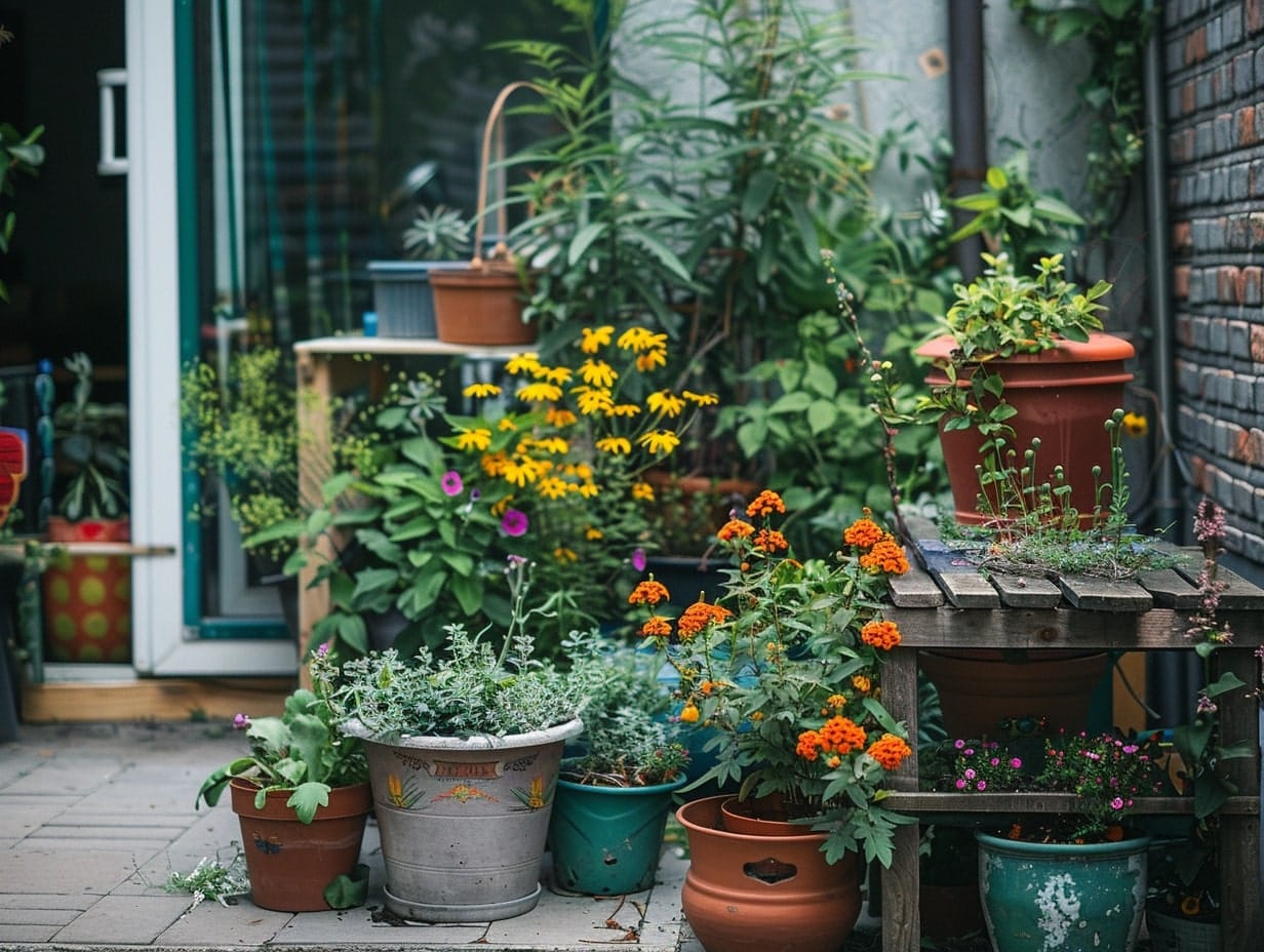 A container garden with different types of flowers 