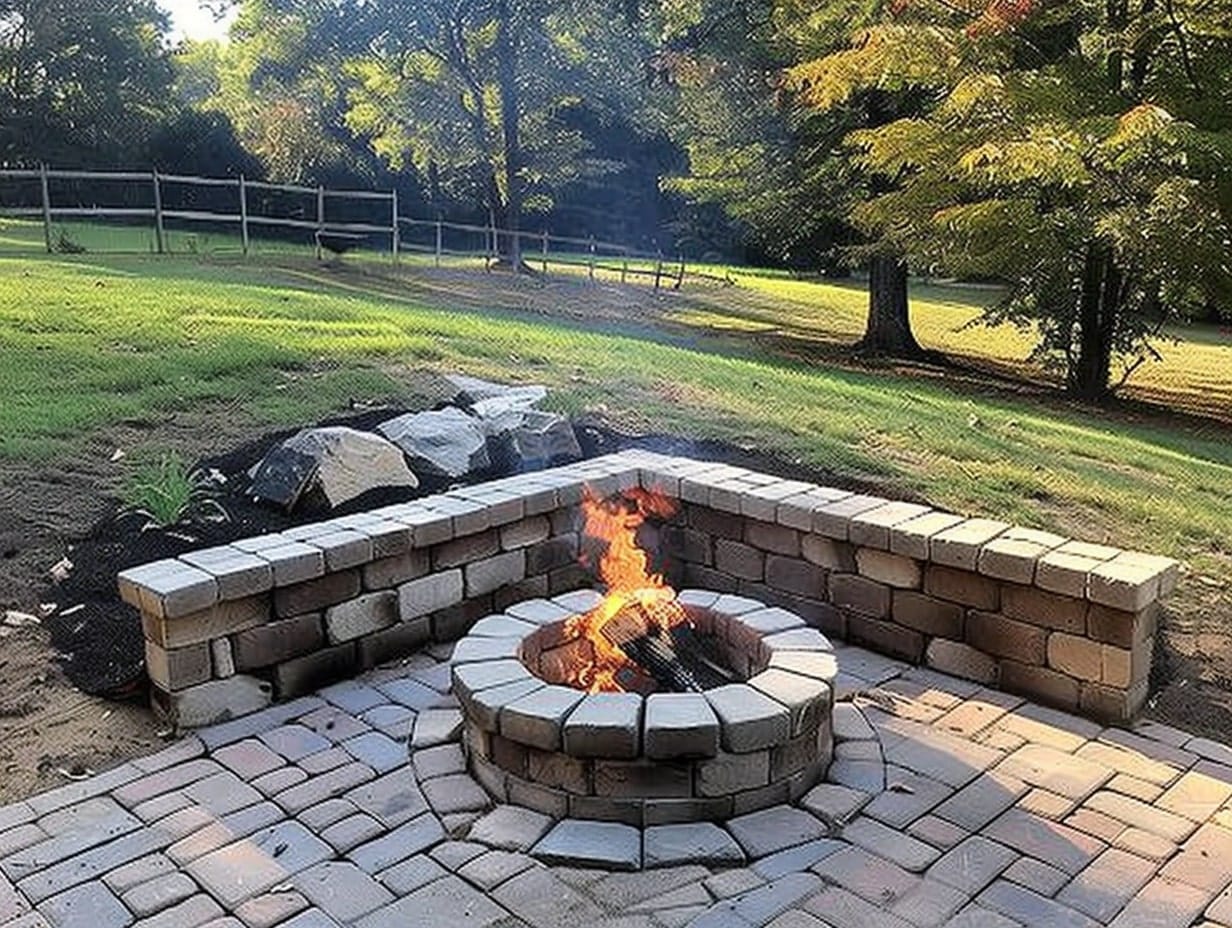 A corner fire pit in a garden