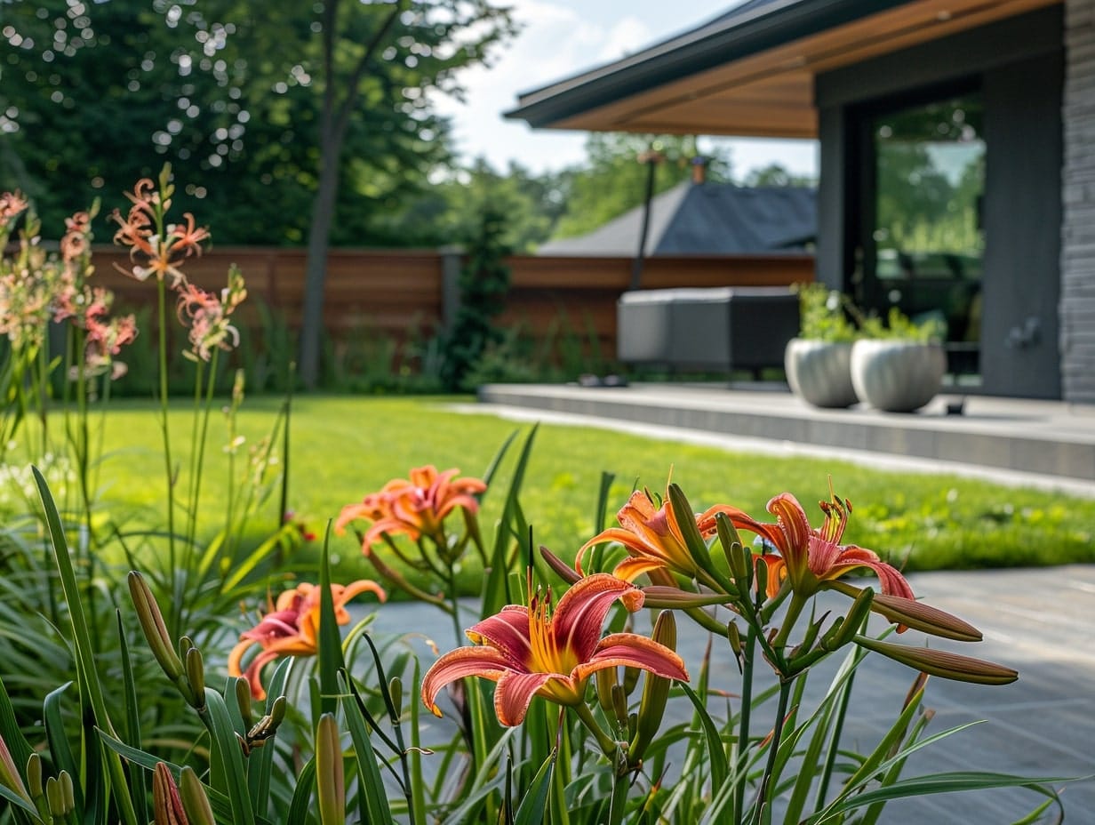 Daylilies plants growing in a backyard
