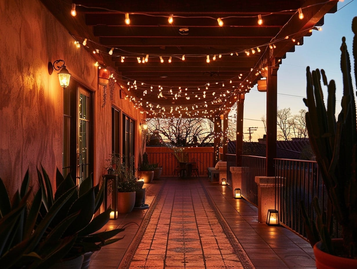 Different types of lighting fixtures illuminating a balcony in the evening