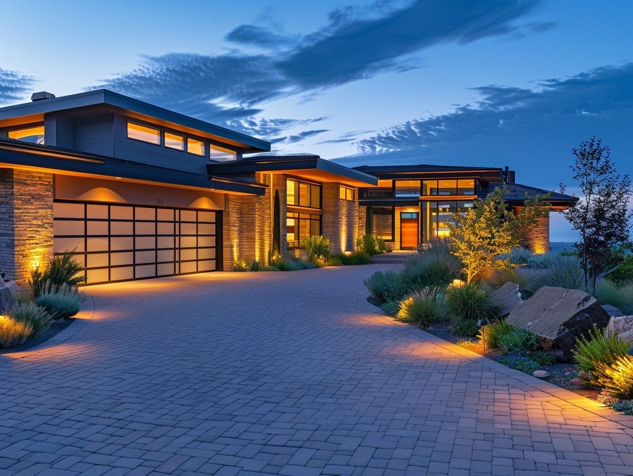 A driveway with landscape lighting in the evening time