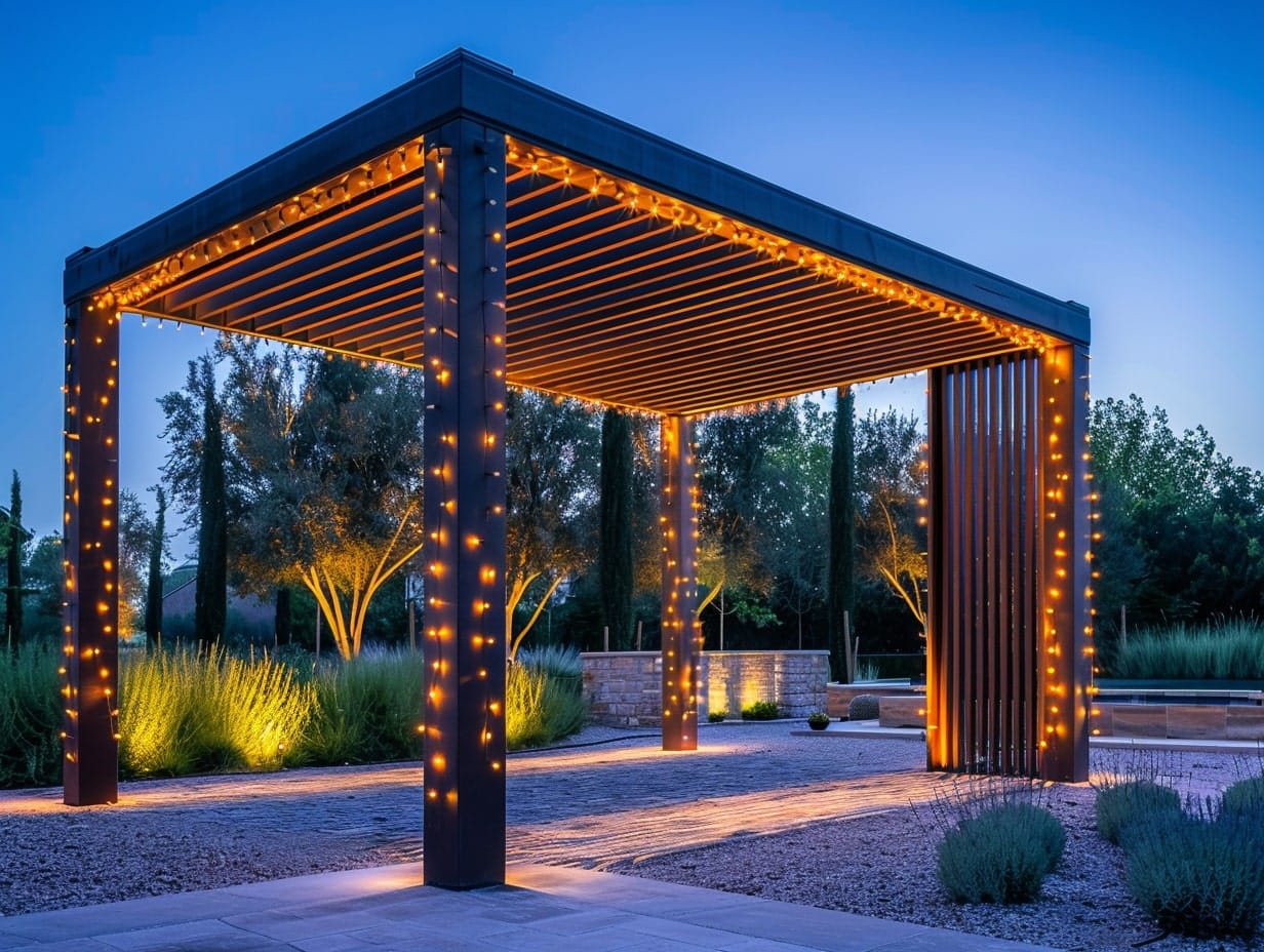 Fairy lights wrapped around a pergola's posts and lattice
