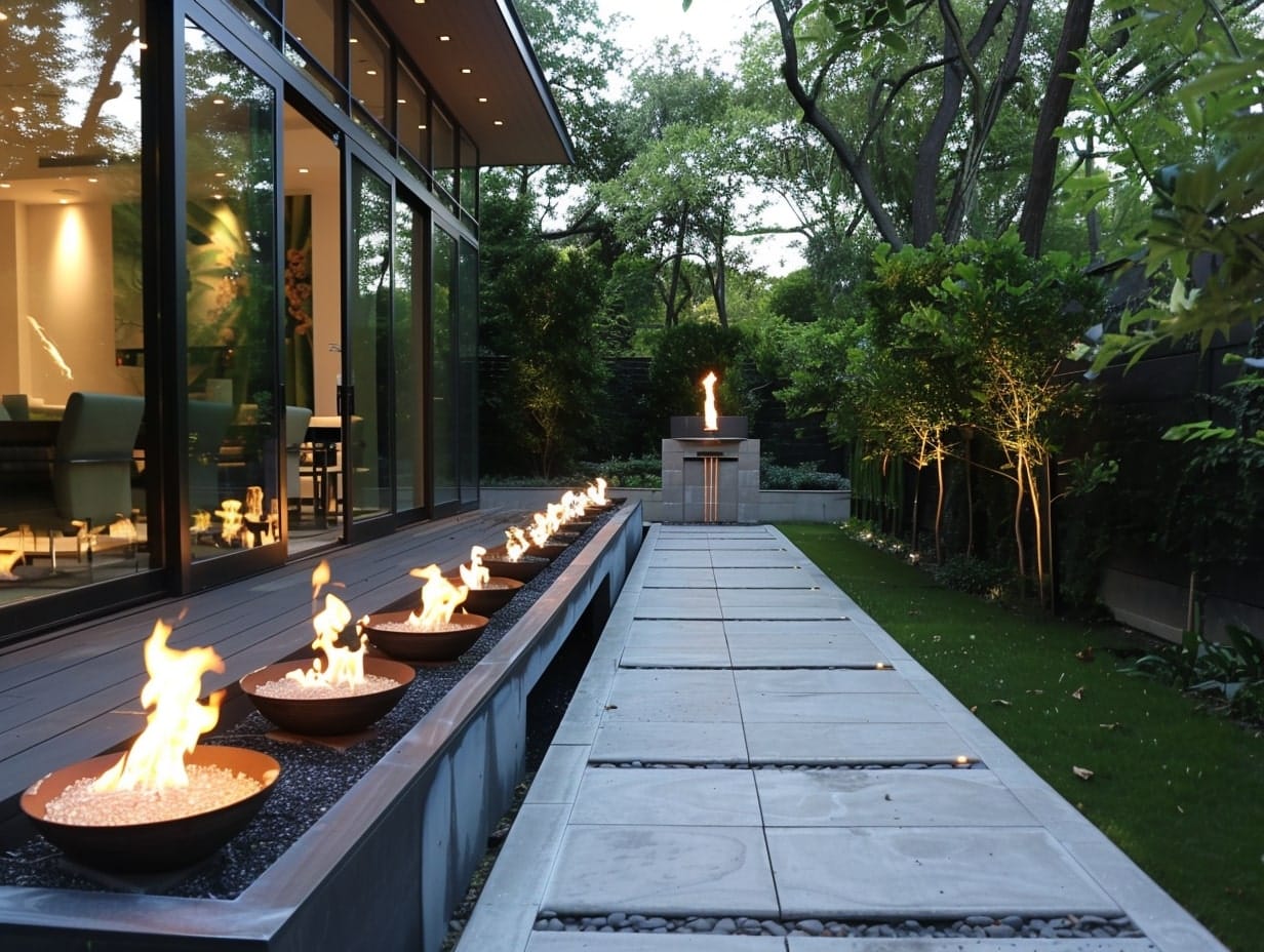 Mini fire pits decorating a garden walkway