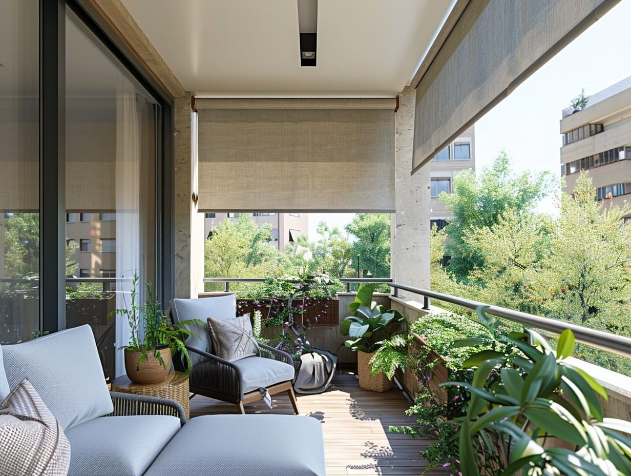 Folding shades used to cover a small balcony