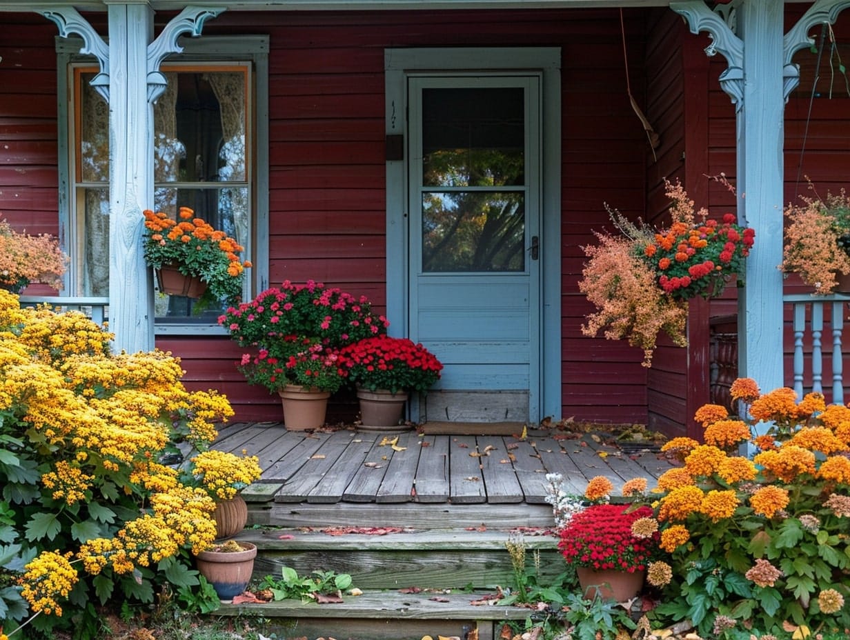 Autumn-shade flowers decorating a front entrance area