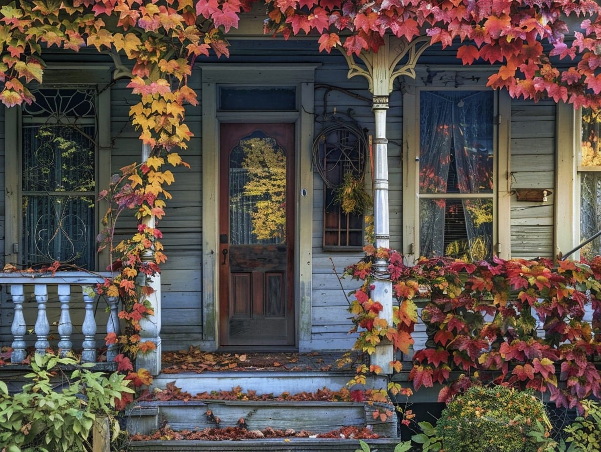 Colorful climbers decorating front porch walls and roof