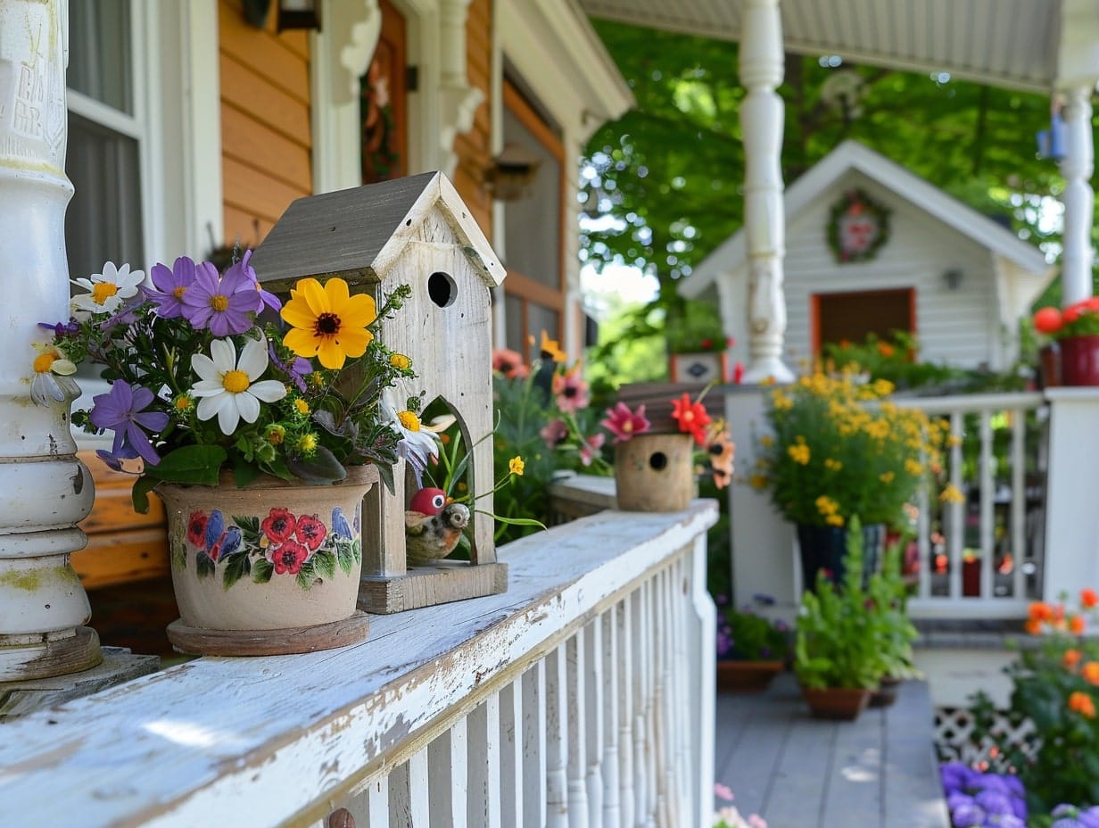 Figurines and birdhouses decorating a front porch area