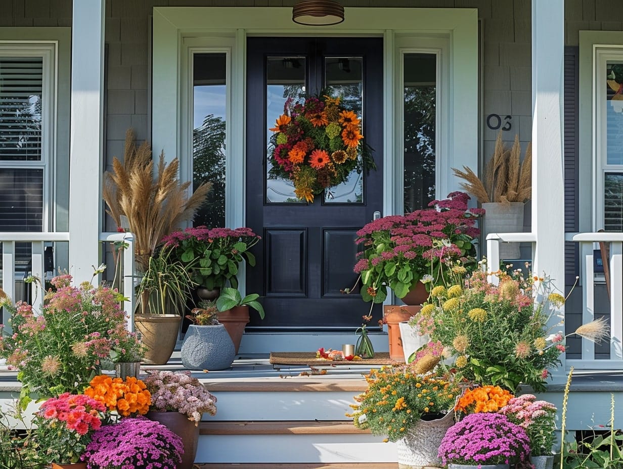 Layered floral arrangements decorating a front porch area
