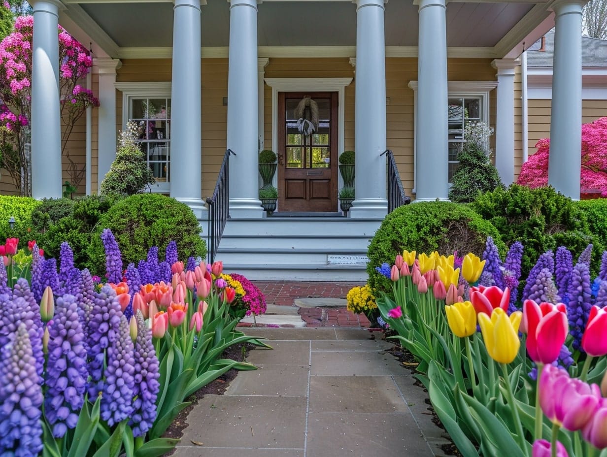 Spring flowers decorating a front porch area