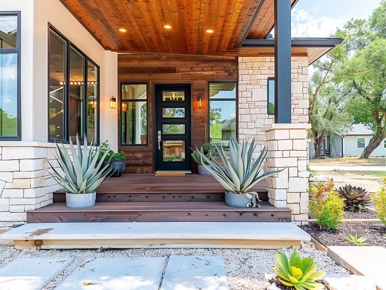 Front porch stairs decorated with succulents