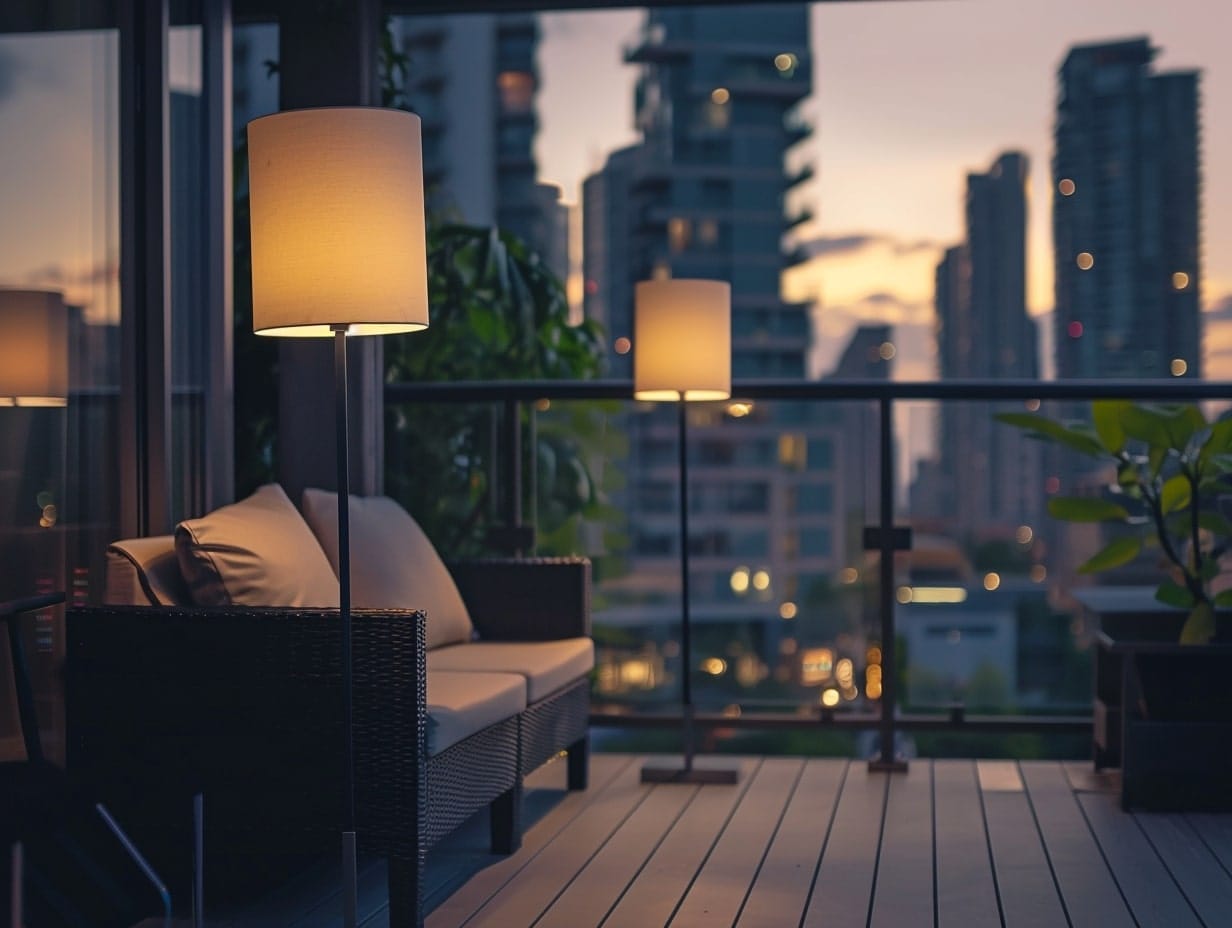 Floor lamps placed on both sides of a sofa in the balcony
