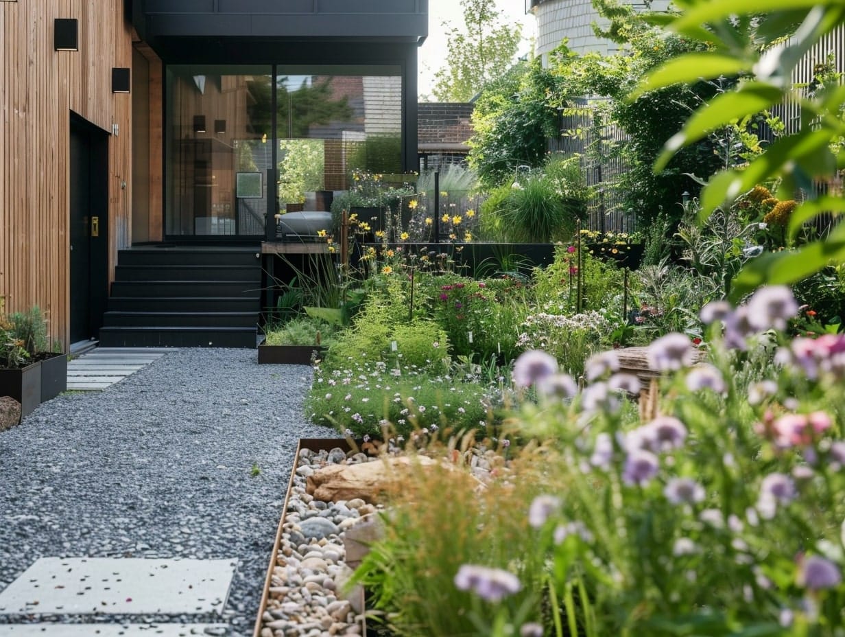 The layered planting technique used in a small front yard garden