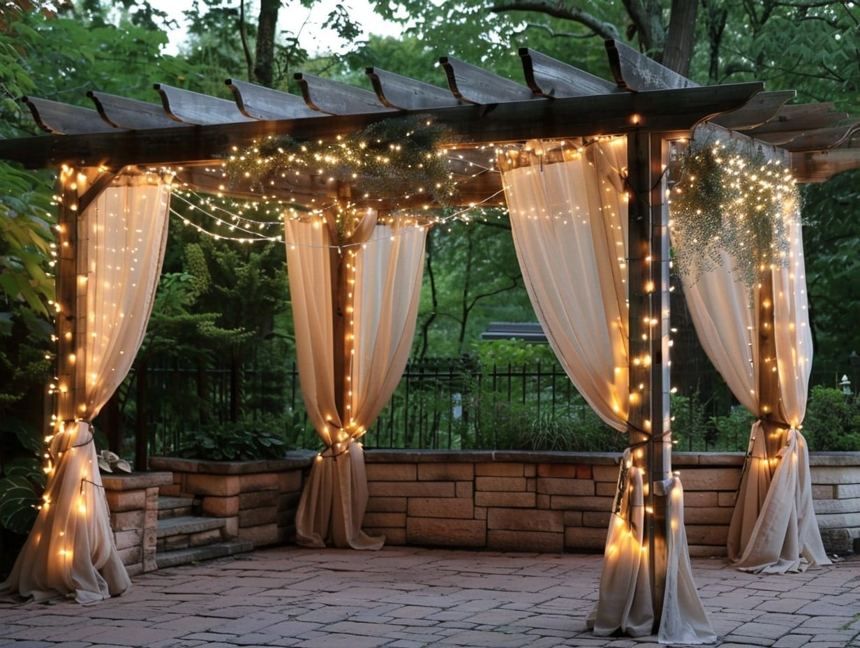 A mix of curtains and string lights adoring a wooden pergola
