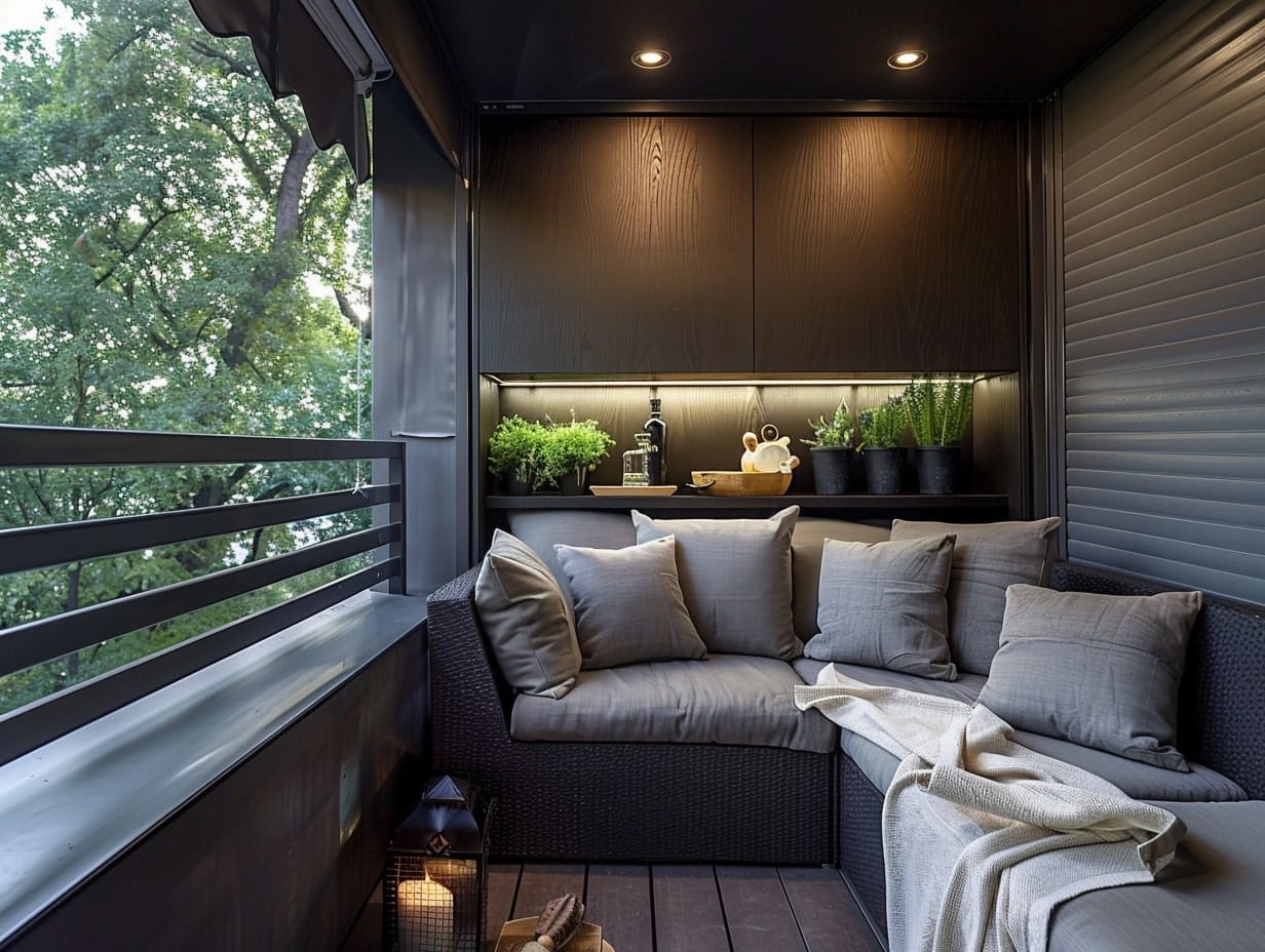 A small balcony's furniture with cabinets