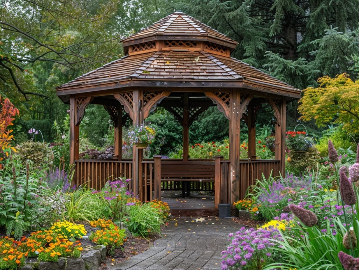 A gazebo in a garden filled with beautiful flowers