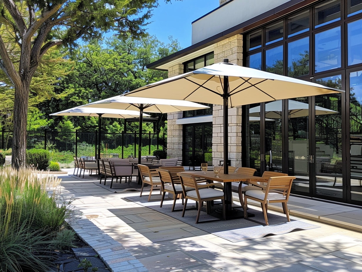 Patio umbrellas installed in a backyard for shade