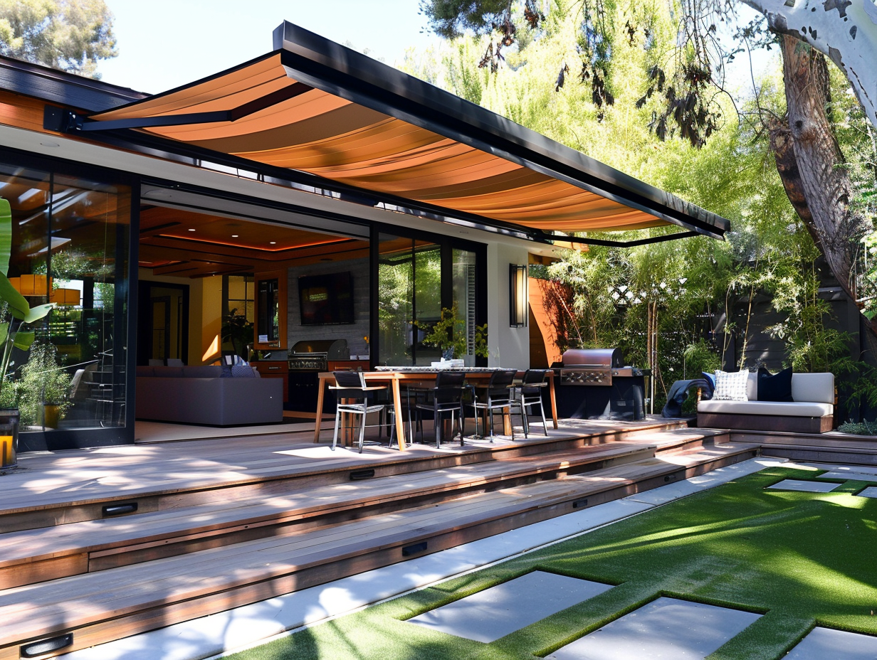 A retractable awing installed above a patio area