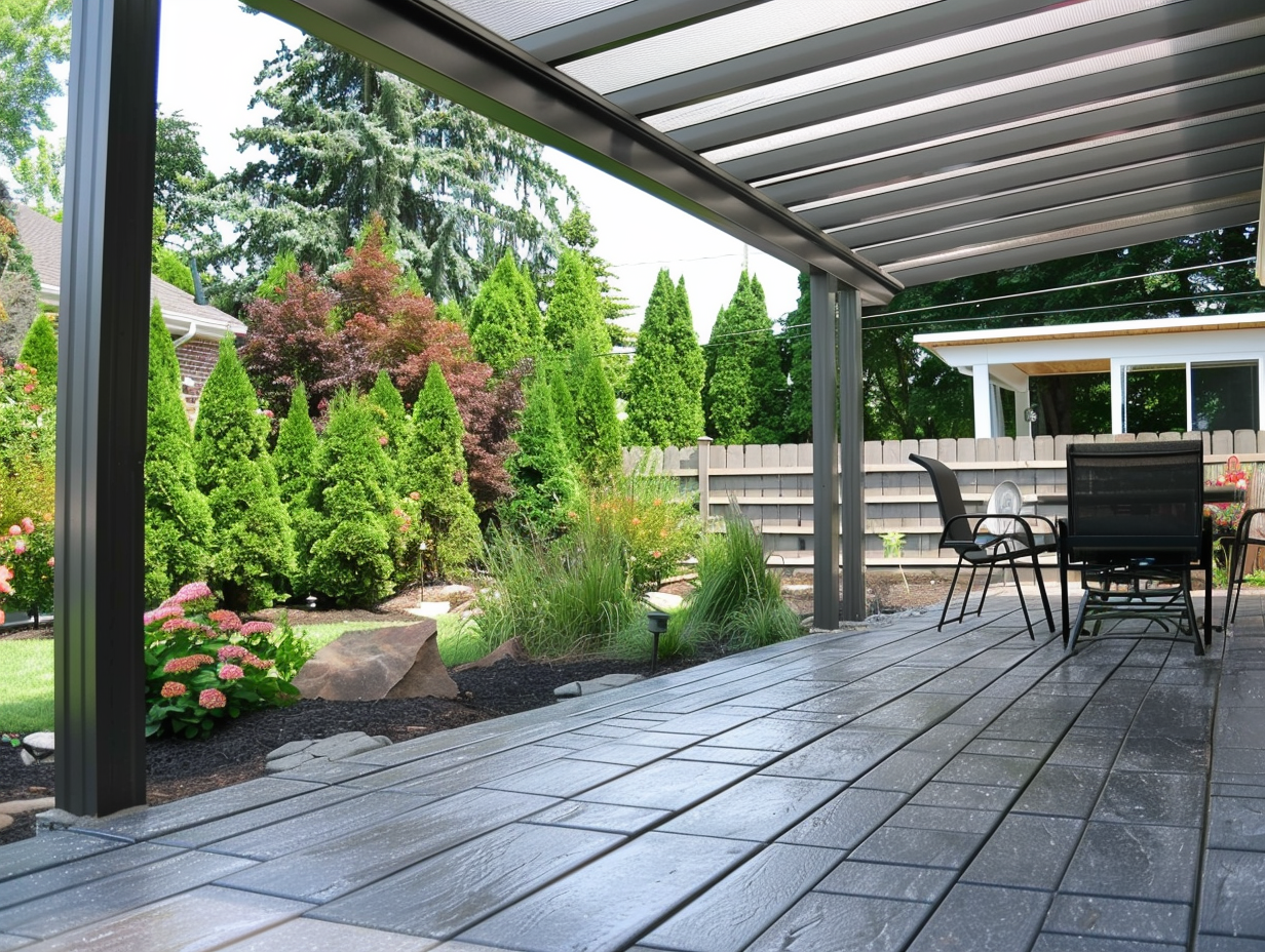 A patio area covered with fiberglass panels 