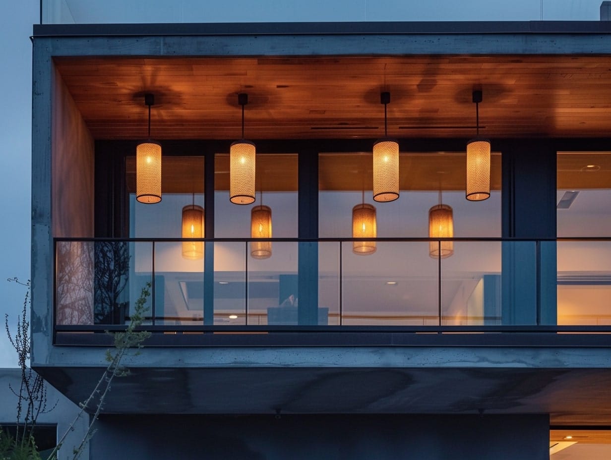 Pendant lights hanging from the ceiling of an apartment's balcony