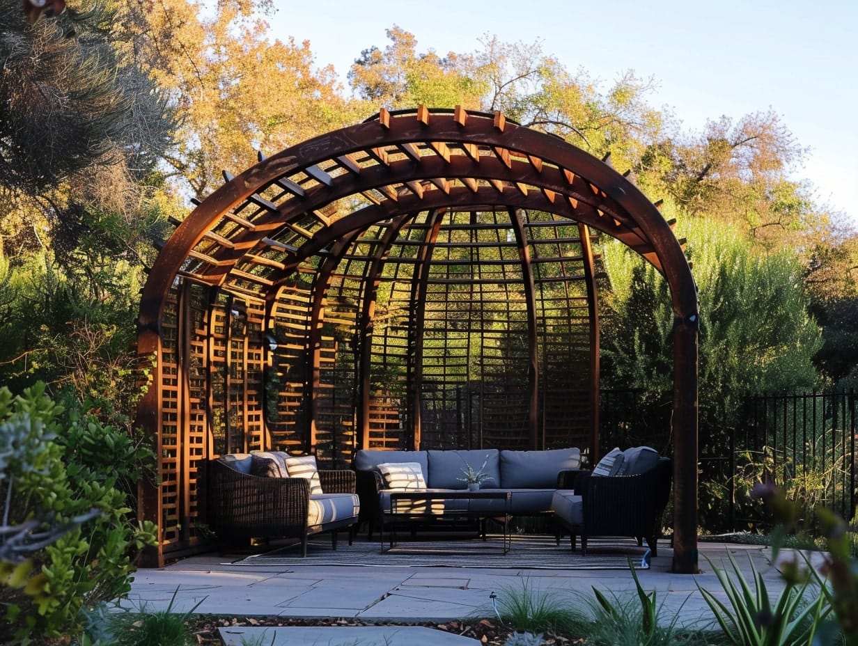 An artistically designed wooden pergola in a garden