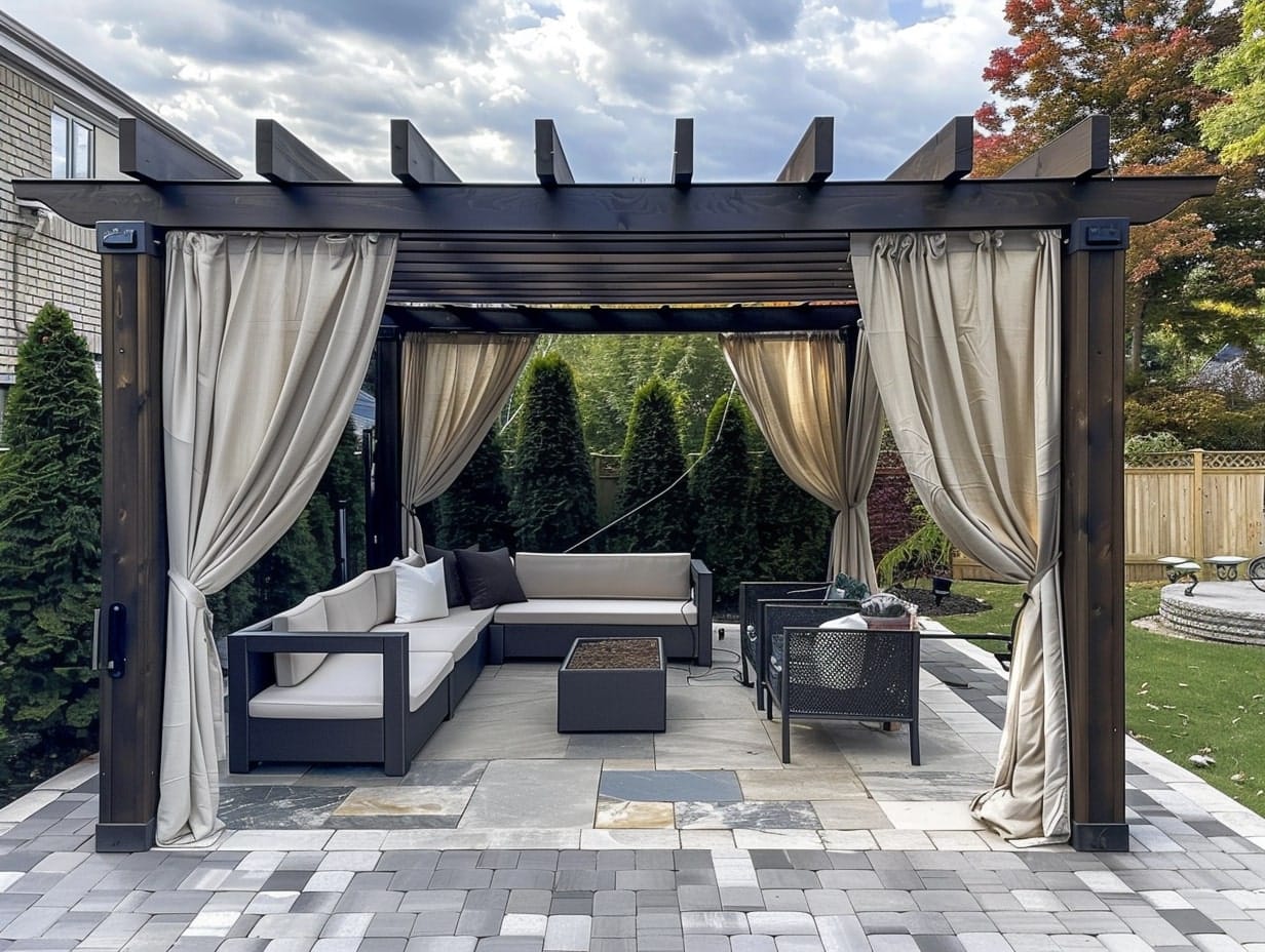 Soft fabric curtains hanging from a wooden pergola's beams